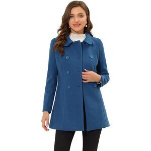 🆕Women Dark Grey Blue  Peter Pan Collar Double Breasted Winter Long Trench Coat